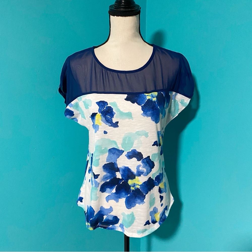 NWT Charming Charlie S Illusion Neck Cap Sleeve Watercolor Floral Print Top